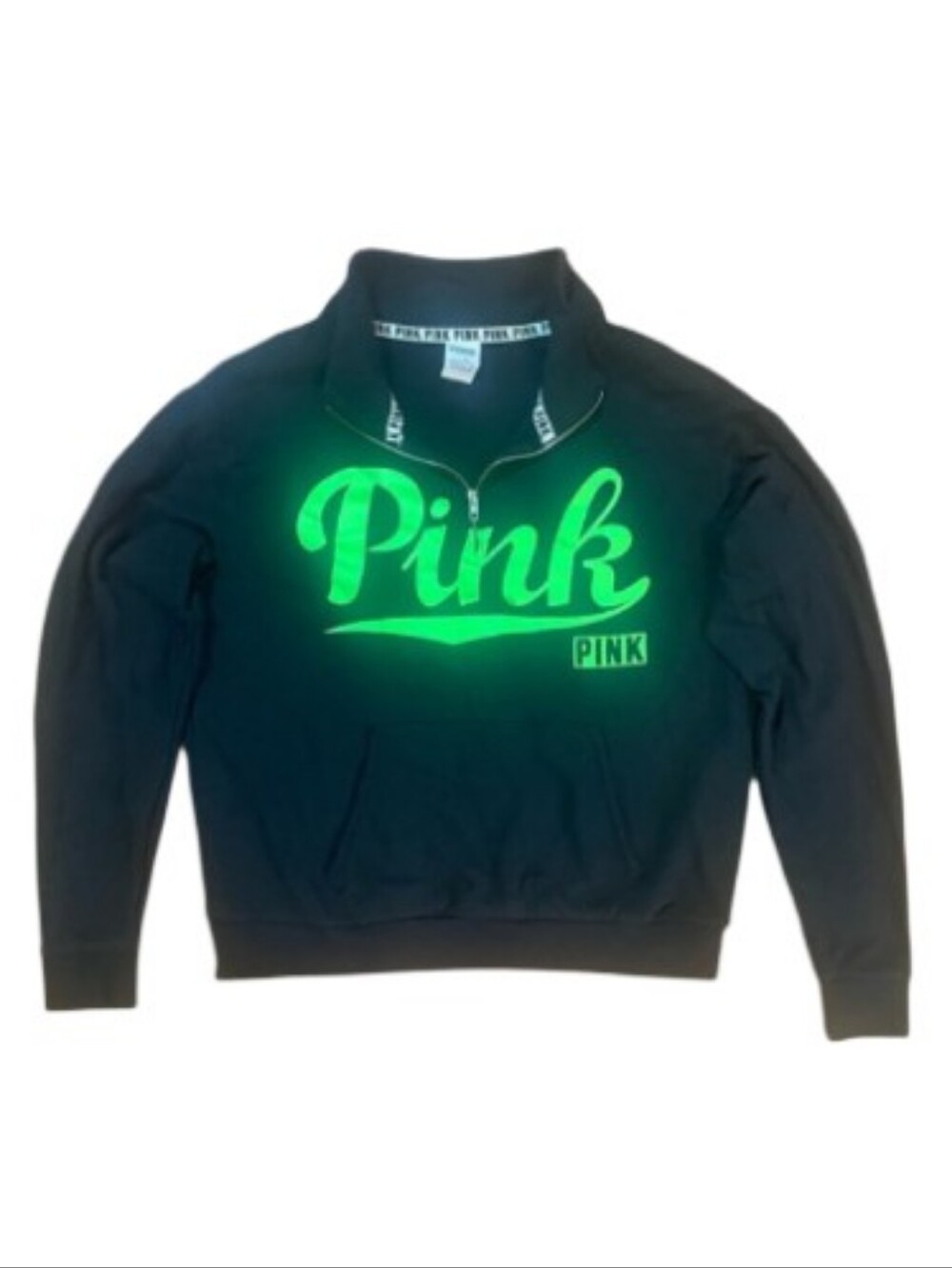 PINK VS Quarter Zip Sweatshirt Black & Neon Green Pink Logo